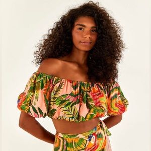 NWT 🦜 Farm Rio Macaw Leaves Off-Shoulder Crop Top Size Small